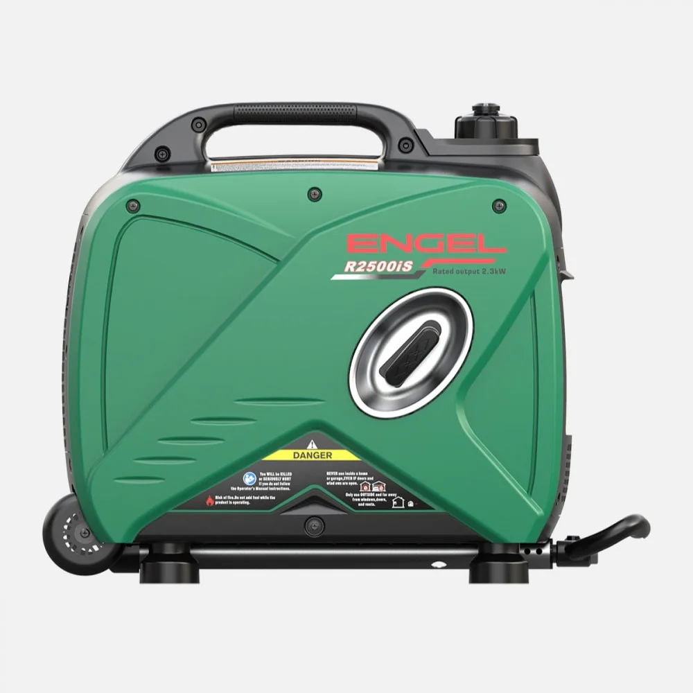 Engel R2500iS 2.5kW Pure Sinewave Generator with compact portable design, green and black impact-resistant housing, integrated carry handle, fuel-efficient inverter technology, multiple AC and DC power outlets, and quiet operation, ideal for camping, cara