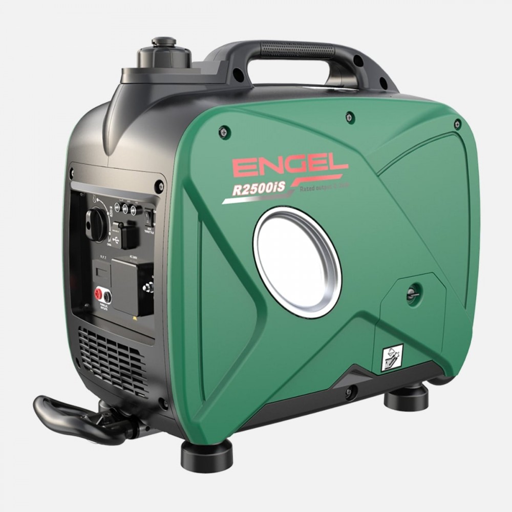 Engel R2500iS 2.5kW Pure Sinewave Generator with compact portable design, green and black impact-resistant housing, integrated carry handle, fuel-efficient inverter technology, multiple AC and DC power outlets, and quiet operation, ideal for camping, cara