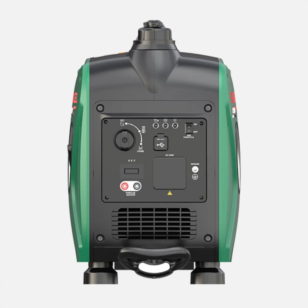 Engel R2500iS 2.5kW Pure Sinewave Generator with compact portable design, green and black impact-resistant housing, integrated carry handle, fuel-efficient inverter technology, multiple AC and DC power outlets, and quiet operation, ideal for camping, cara