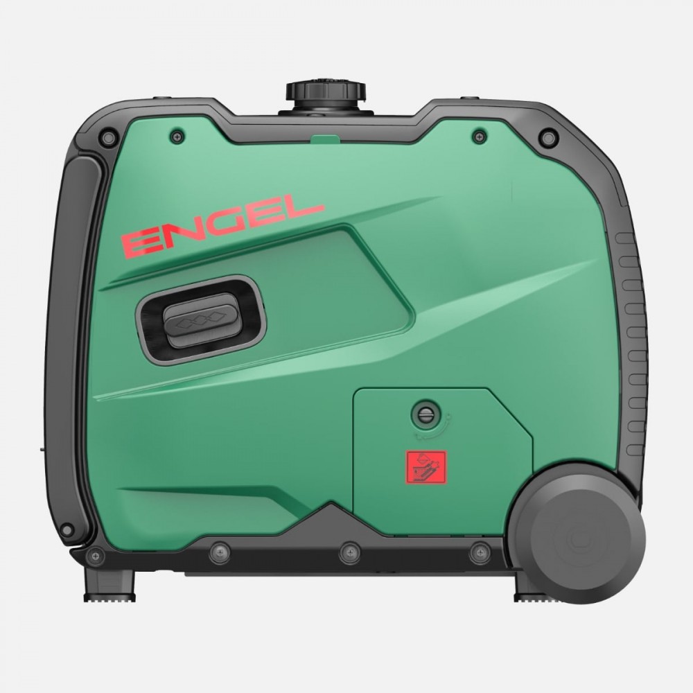 Engel R3000iE 3kW Pure Sinewave Generator with compact enclosed inverter design, integrated carry handle, built-in transport wheels, fuel-efficient engine, multiple AC and DC power outlets, quiet operation, and pure sine wave output, ideal for camping, ca