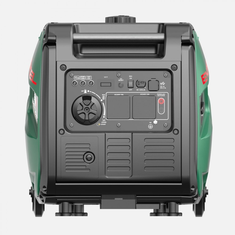 Engel R3000iE 3kW Pure Sinewave Generator with compact enclosed inverter design, integrated carry handle, built-in transport wheels, fuel-efficient engine, multiple AC and DC power outlets, quiet operation, and pure sine wave output, ideal for camping, ca