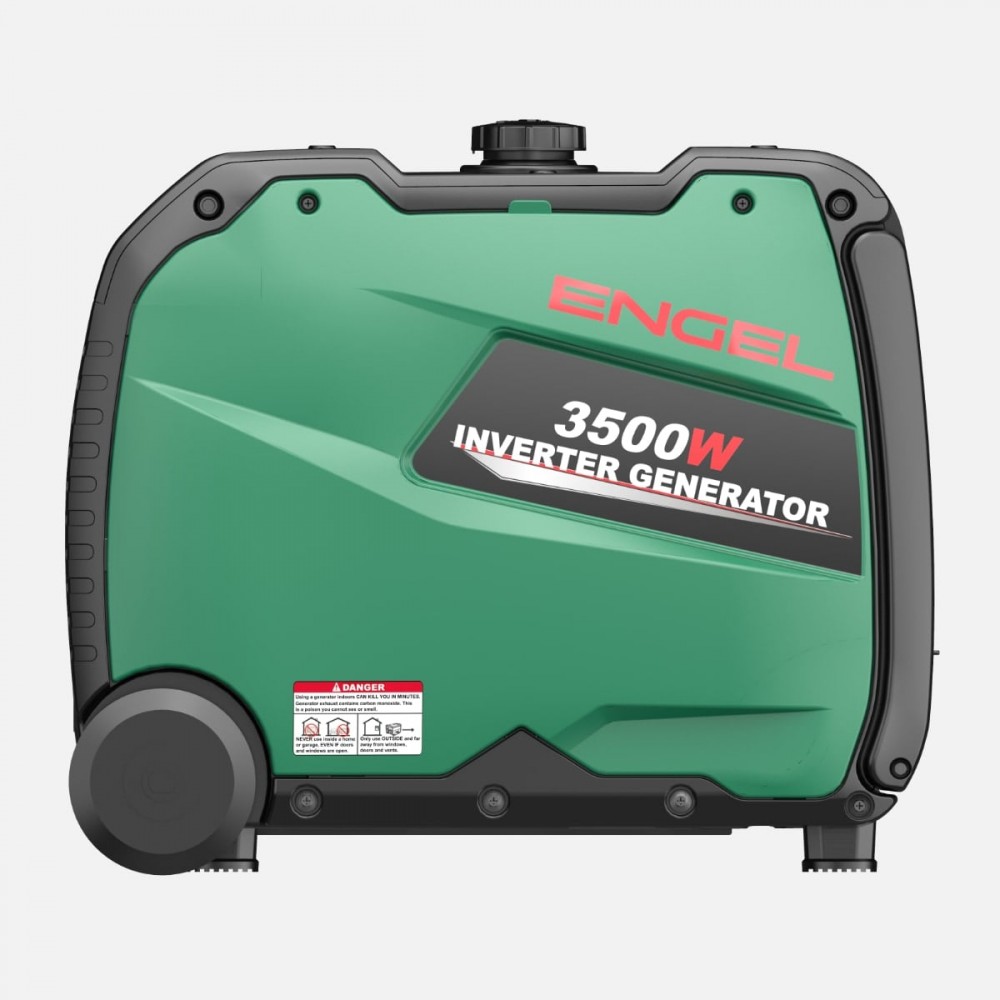 Engel R3000iE 3kW Pure Sinewave Generator with compact enclosed inverter design, integrated carry handle, built-in transport wheels, fuel-efficient engine, multiple AC and DC power outlets, quiet operation, and pure sine wave output, ideal for camping, ca