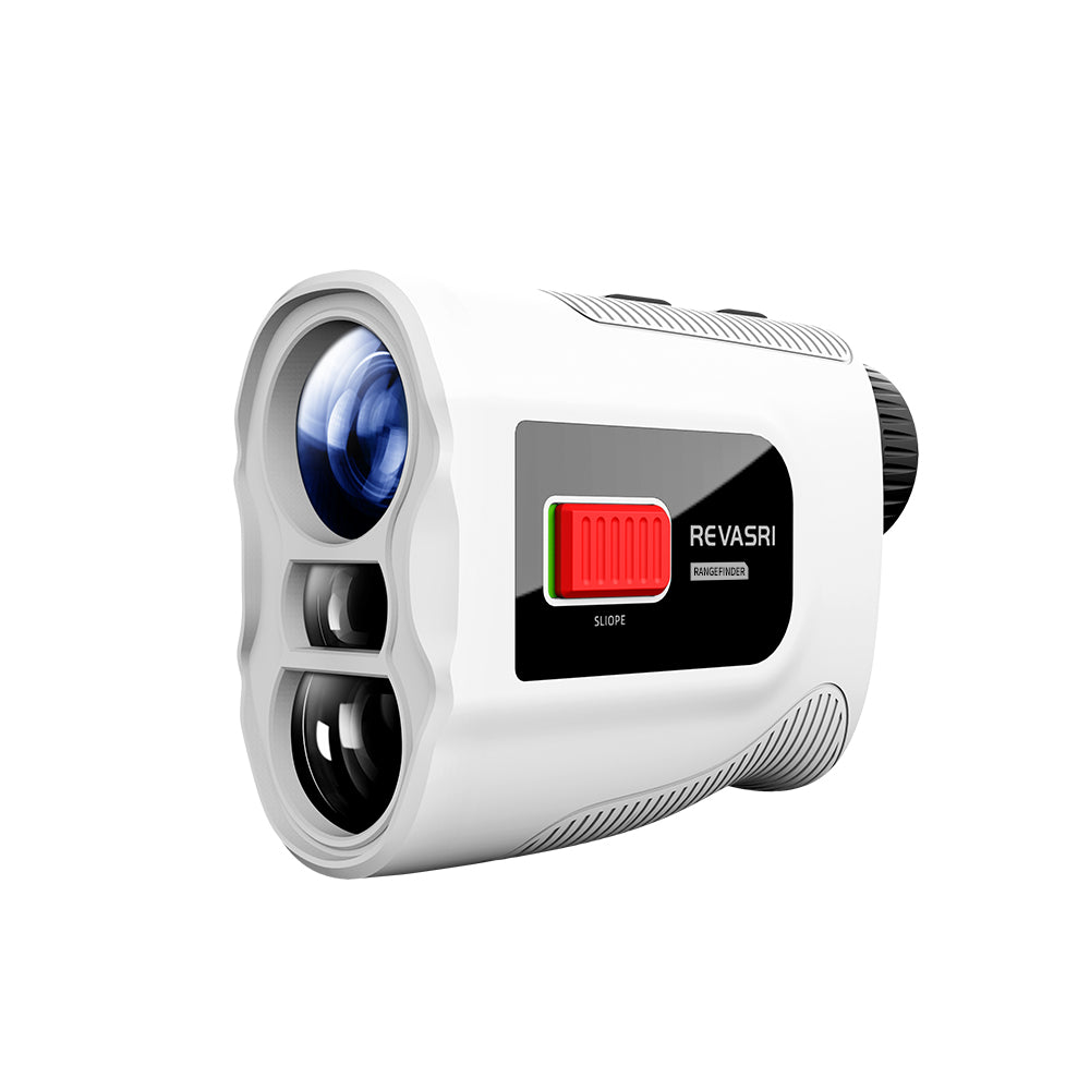 Revasri Golf Laser Rangefinder with Slope Compensation Revasri 650/1000Y golf laser rangefinder with slope compensation, flag locking and compact white handheld design.