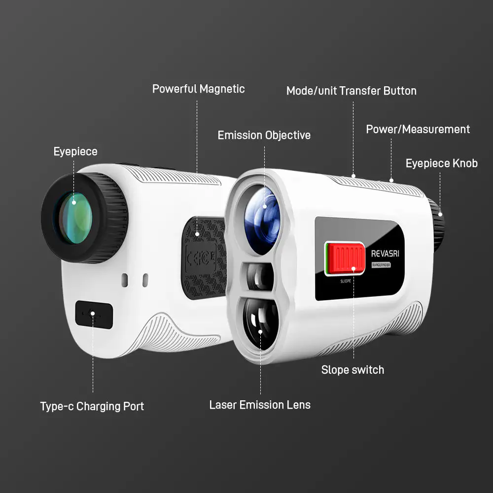 Revasri Golf Laser Rangefinder with Slope Compensation Revasri 650/1000Y golf laser rangefinder with slope compensation, flag locking and compact white handheld design.