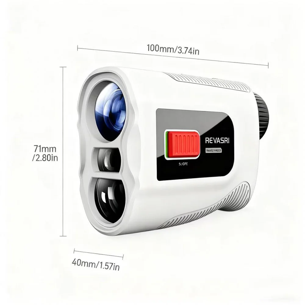 Revasri Golf Laser Rangefinder with Slope Compensation Revasri 650/1000Y golf laser rangefinder with slope compensation, flag locking and compact white handheld design.