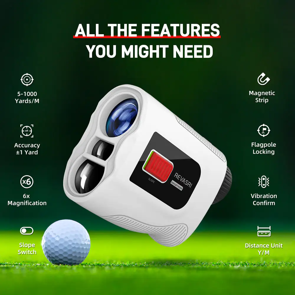 Revasri Golf Laser Rangefinder with Slope Compensation Revasri 650/1000Y golf laser rangefinder with slope compensation, flag locking and compact white handheld design.