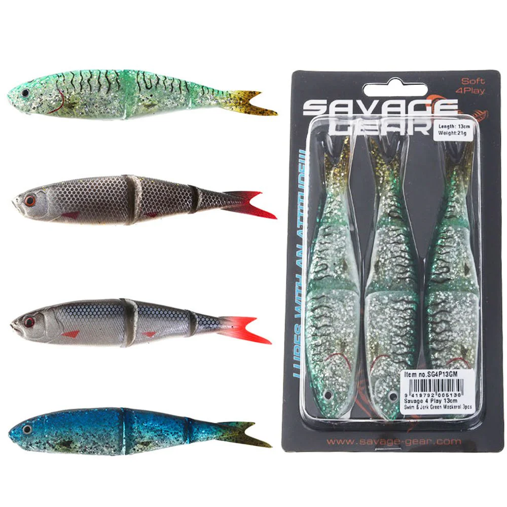 Savage Gear 4Play Swim & Jerk Soft Bait – 3 Pack Savage Gear 4Play Swim and Jerk soft fishing lures featuring realistic jointed fish designs, supplied in a three-piece pack.
