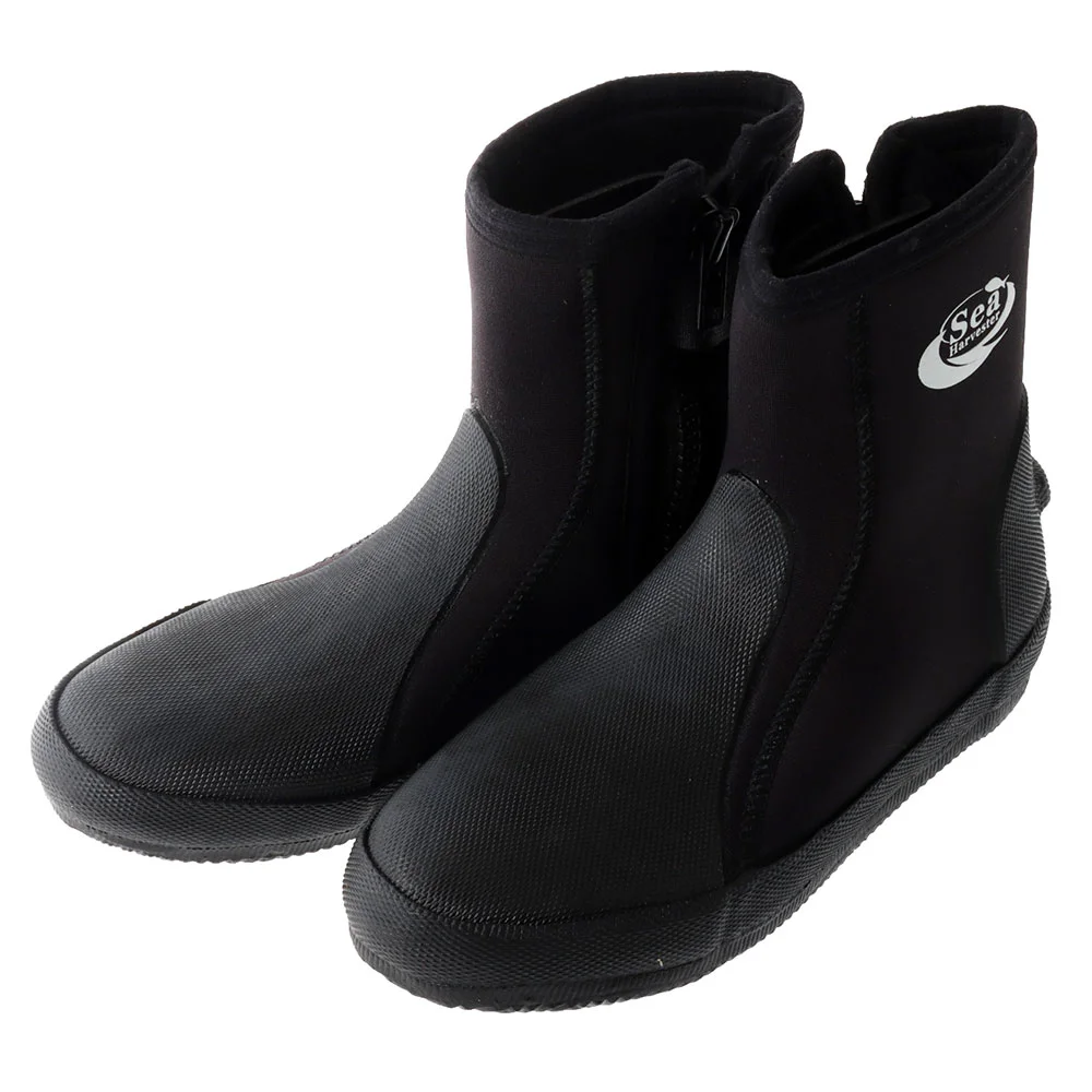 Pair of Sea Harvester black neoprene dive boots featuring side zippers, reinforced rubber toe and heel panels, durable non-slip soles, and insulated construction for scuba diving, snorkeling, and water sports.
