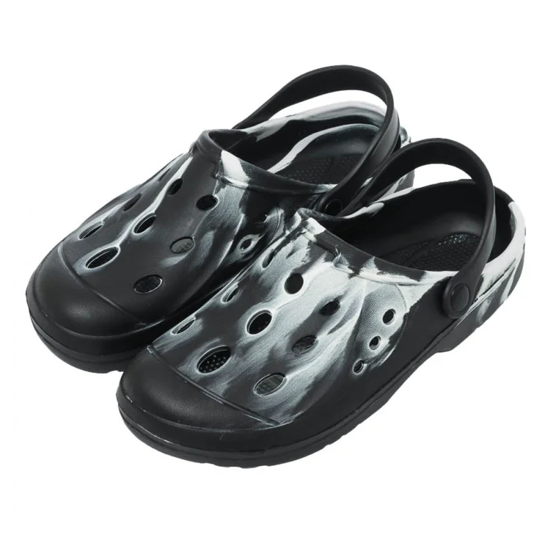 Pair of black waterproof fishing shoes with ventilated slip-on clog design, adjustable heel straps, lightweight cushioned construction, and non-slip soles for fishing, boating, camping, and outdoor use.