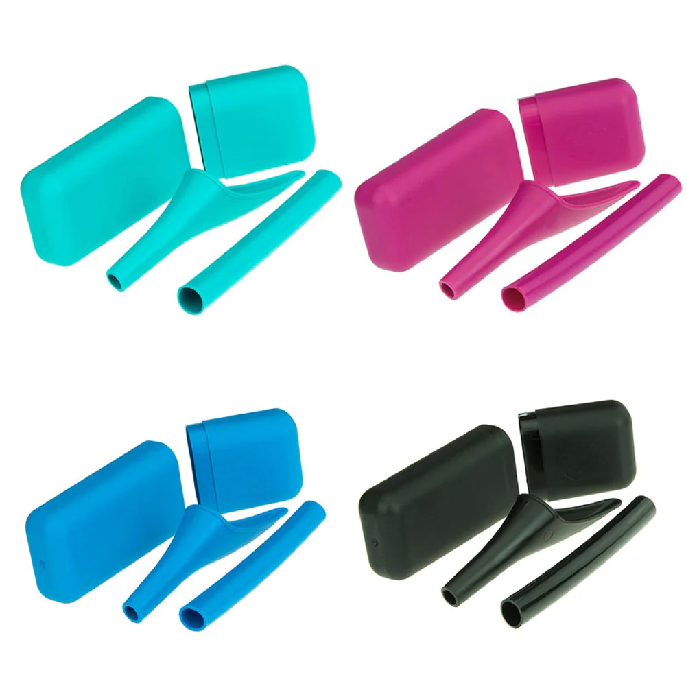 Extreme portable female urination kit with reusable urination device, extension tube and carry case, shown in multiple colours.