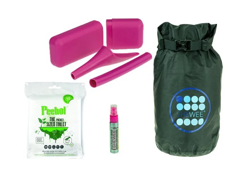 Shewee Out and About Survival Pack with female urination device, extension tube, carry case, PeeBol pocket toilet, hygiene spray and waterproof storage bag.