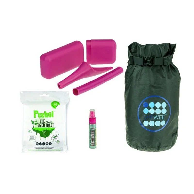 Shewee Out and About Survival Pack with female urination device, extension tube, carry case, PeeBol pocket toilet, hygiene spray and waterproof storage bag.