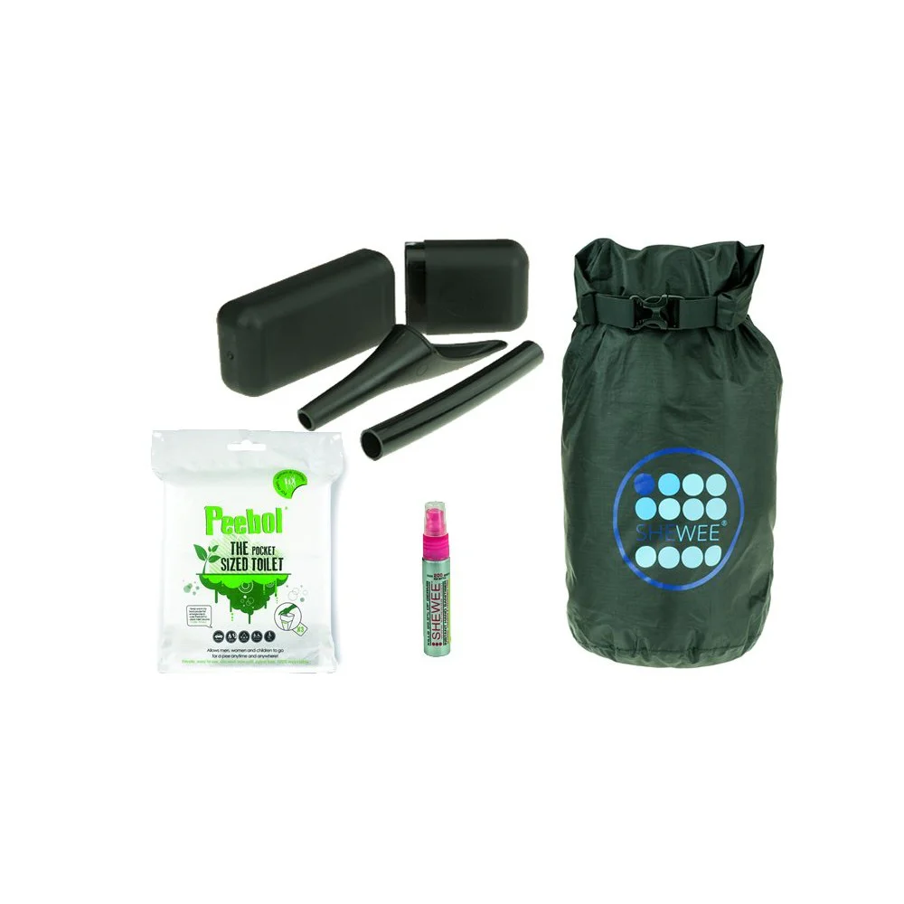 Shewee Out and About Survival Pack with female urination device, extension tube, carry case, PeeBol pocket toilet, hygiene spray and waterproof storage bag.