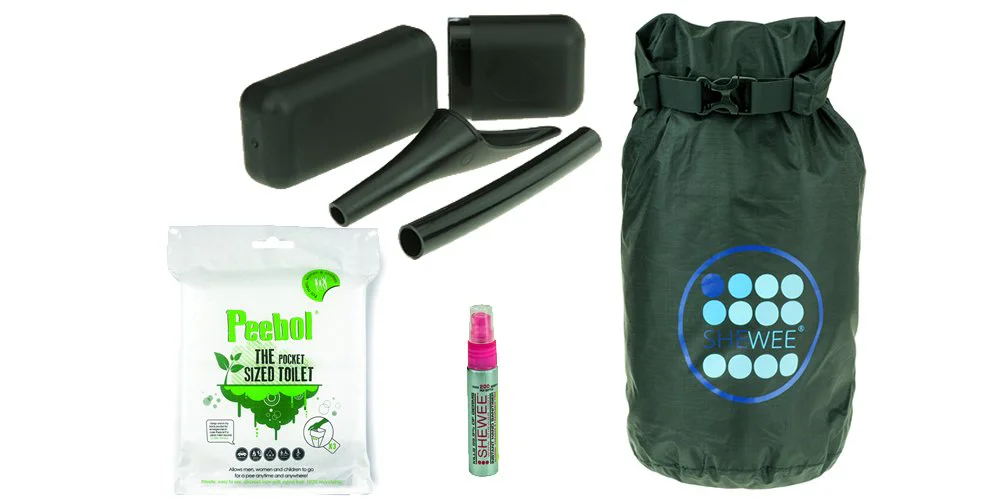 Shewee Out and About Survival Pack Shewee Out and About Survival Pack with female urination device, extension tube, carry case, PeeBol pocket toilet, hygiene spray and waterproof storage bag.