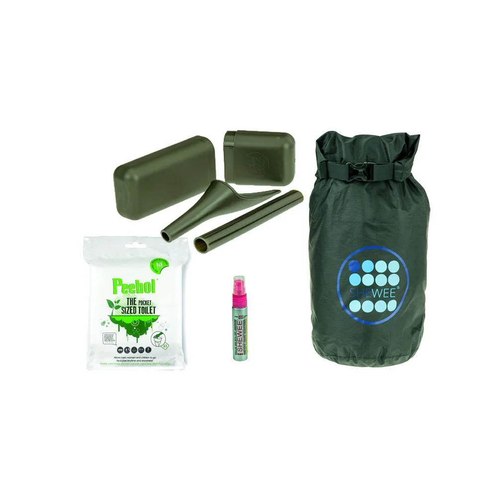 Shewee Out and About Survival Pack with female urination device, extension tube, carry case, PeeBol pocket toilet, hygiene spray and waterproof storage bag.
