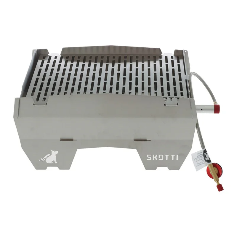 SKOTTI portable stainless steel gas grill with compact flat-pack design, removable cooking grate and gas hose connection, ideal for camping, picnics, caravanning and outdoor cooking.