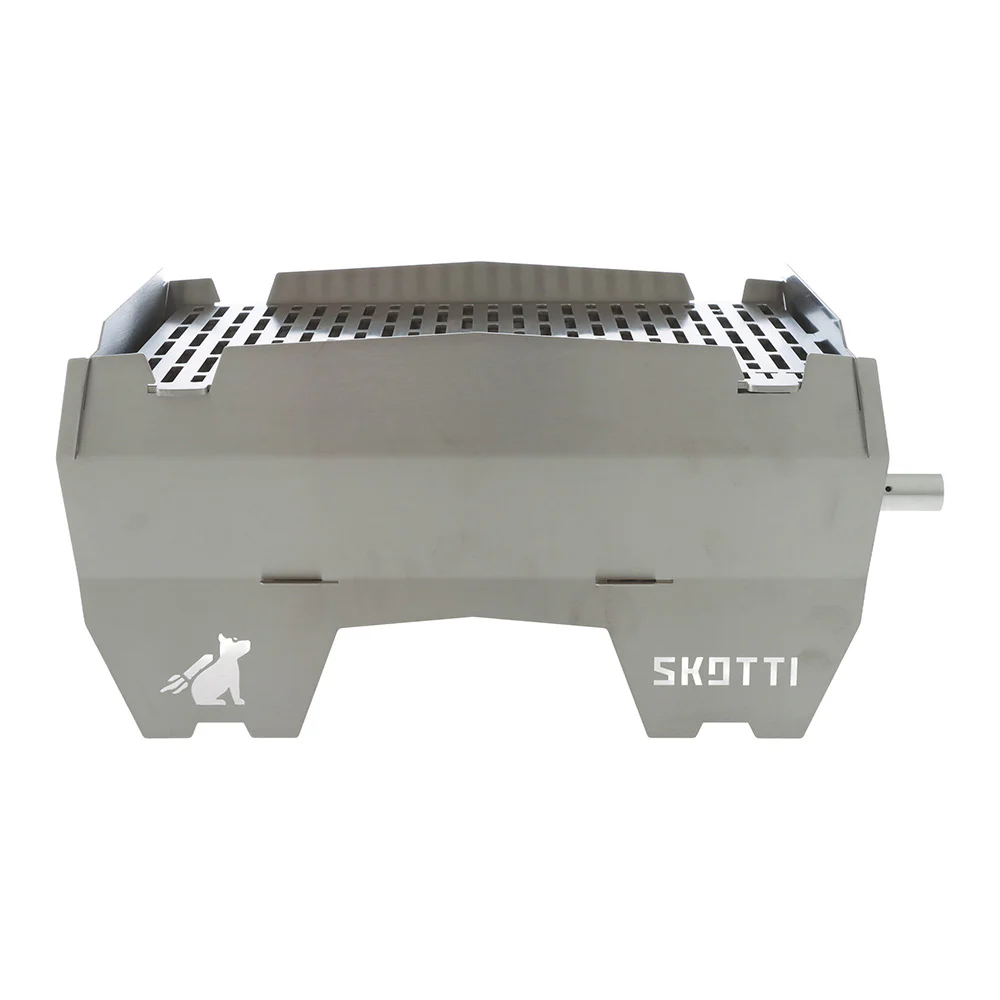 SKOTTI Stainless Steel Grill – Portable Gas BBQ SKOTTI portable stainless steel gas grill with compact flat-pack design, removable cooking grate and gas hose connection, ideal for camping, picnics, caravanning and outdoor cooking.