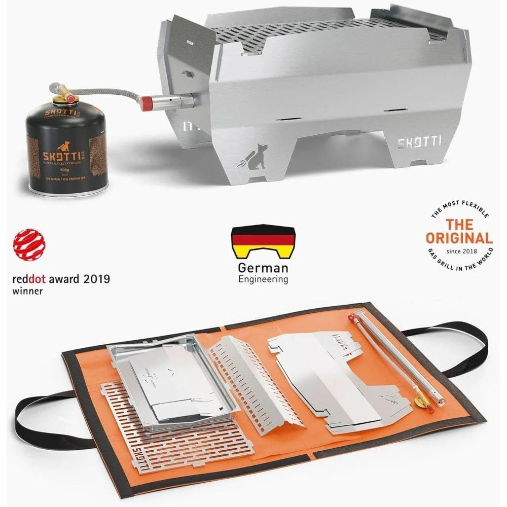 SKOTTI Stainless Steel Grill – Portable Gas BBQ SKOTTI portable stainless steel gas grill with compact flat-pack design, removable cooking grate and gas hose connection, ideal for camping, picnics, caravanning and outdoor cooking.