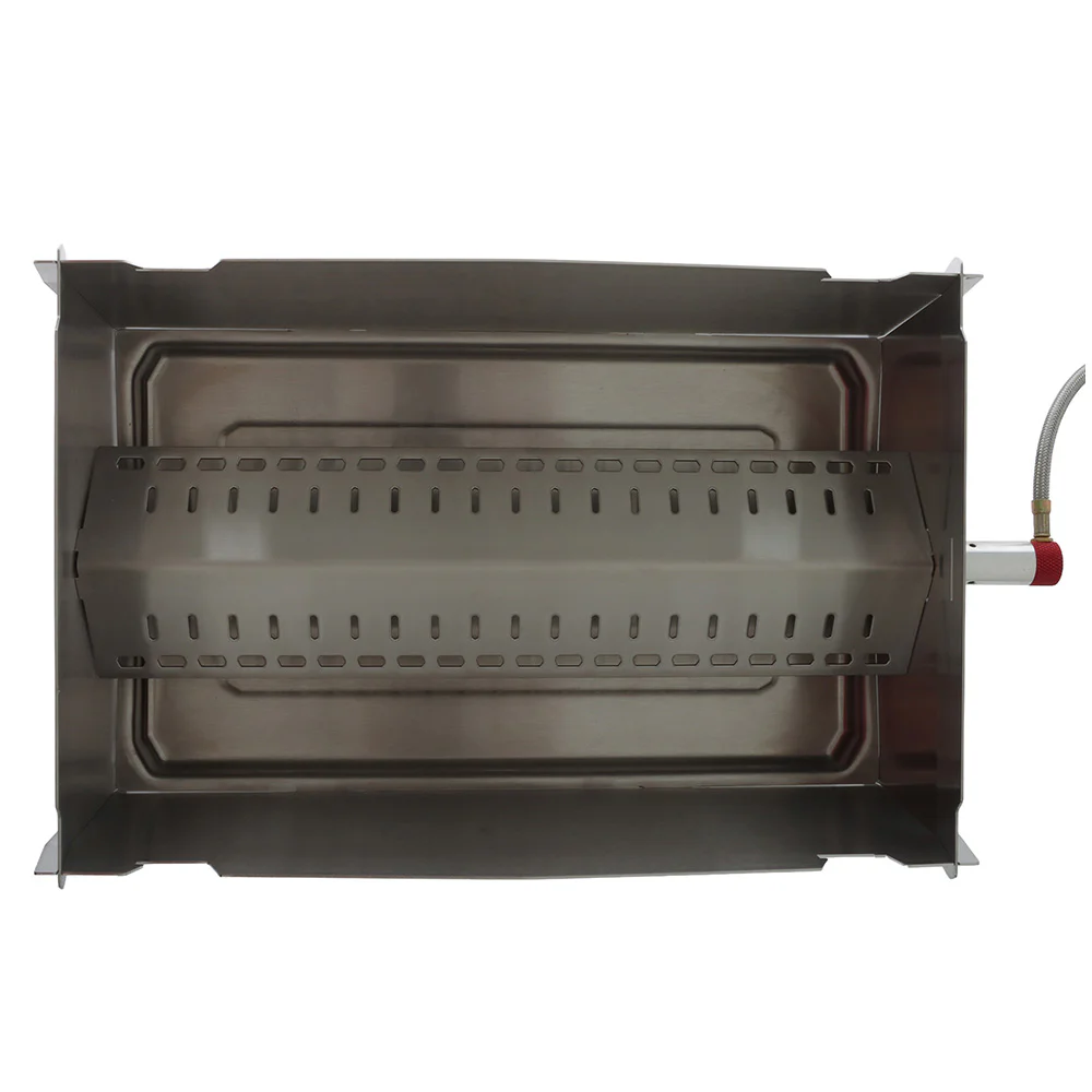 SKOTTI Stainless Steel Grill – Portable Gas BBQ SKOTTI portable stainless steel gas grill with compact flat-pack design, removable cooking grate and gas hose connection, ideal for camping, picnics, caravanning and outdoor cooking.