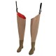 Snowbee thigh waders featuring durable 150D nylon-coated ripstop PVC upper material, integrated waterproof boots, adjustable thigh strap, and lightweight construction designed for fishing, stream wading, and wet outdoor environments.
