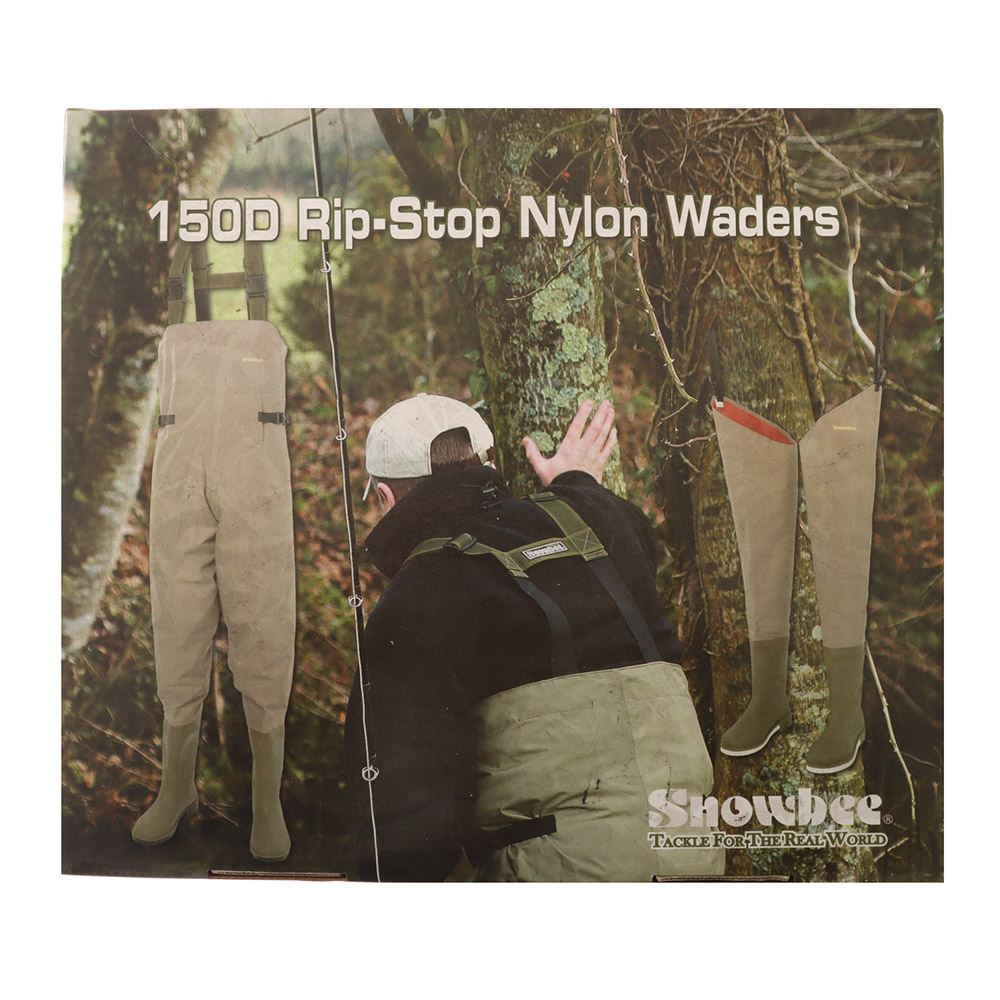 Snowbee thigh waders featuring durable 150D nylon-coated ripstop PVC upper material, integrated waterproof boots, adjustable thigh strap, and lightweight construction designed for fishing, stream wading, and wet outdoor environments.