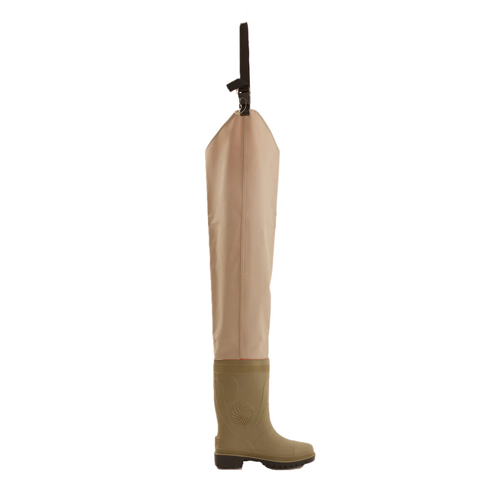 Snowbee thigh waders featuring durable 150D nylon-coated ripstop PVC upper material, integrated waterproof boots, adjustable thigh strap, and lightweight construction designed for fishing, stream wading, and wet outdoor environments.