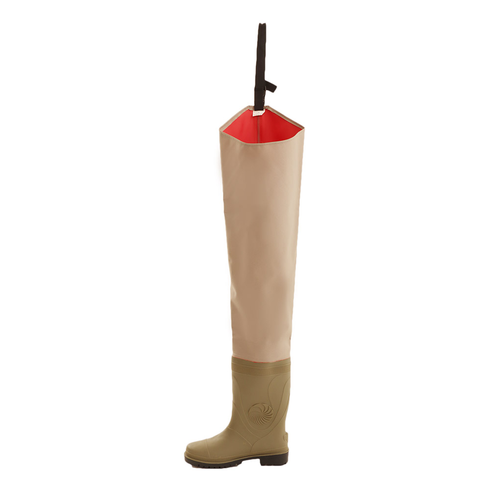 Snowbee thigh waders featuring durable 150D nylon-coated ripstop PVC upper material, integrated waterproof boots, adjustable thigh strap, and lightweight construction designed for fishing, stream wading, and wet outdoor environments.