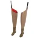 Snowbee thigh waders featuring durable 150D nylon-coated ripstop PVC upper material, integrated waterproof boots, adjustable thigh strap, and lightweight construction designed for fishing, stream wading, and wet outdoor environments.