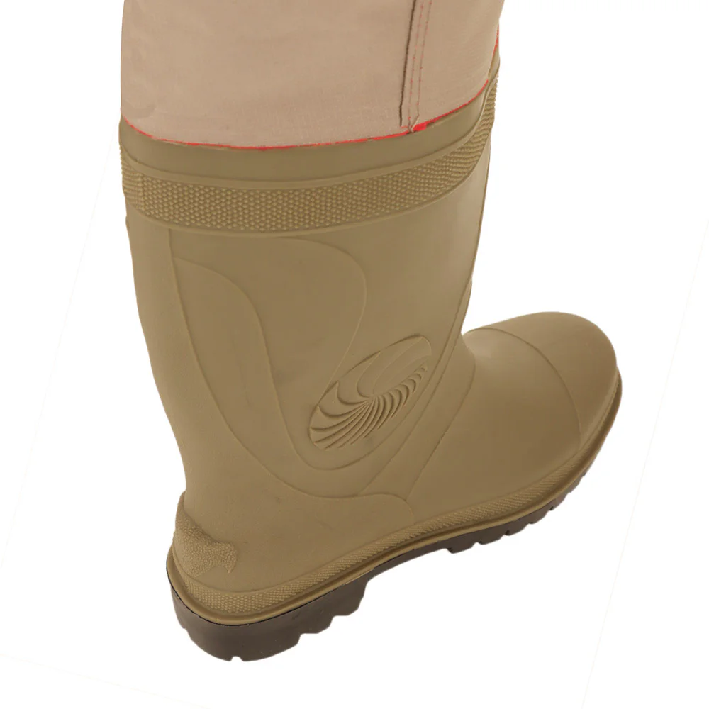Snowbee thigh waders featuring durable 150D nylon-coated ripstop PVC upper material, integrated waterproof boots, adjustable thigh strap, and lightweight construction designed for fishing, stream wading, and wet outdoor environments.