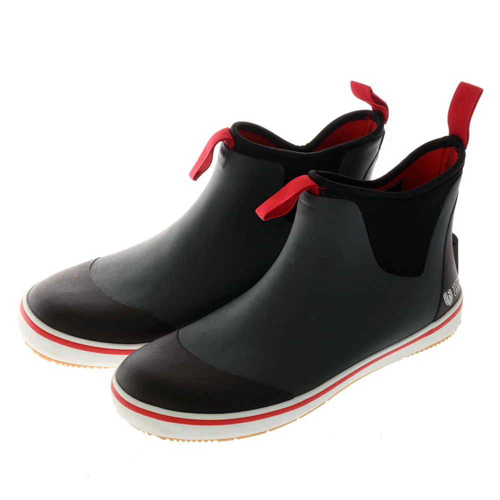 Deck Boots Dark Shadow Waterproof deck boots in dark shadow black with red pull tabs and non-slip white soles, designed for fishing, boating, and wet outdoor conditions.