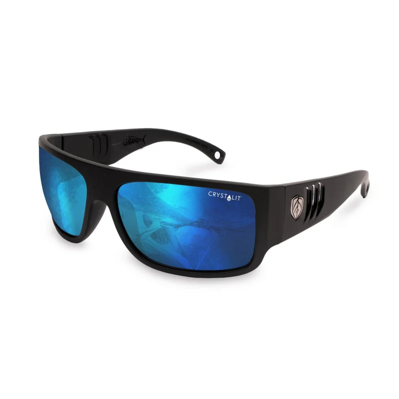 Sport sunglasses with a matte black wraparound frame and blue mirrored lenses, designed for outdoor activities, driving, fishing, and everyday sun protection.