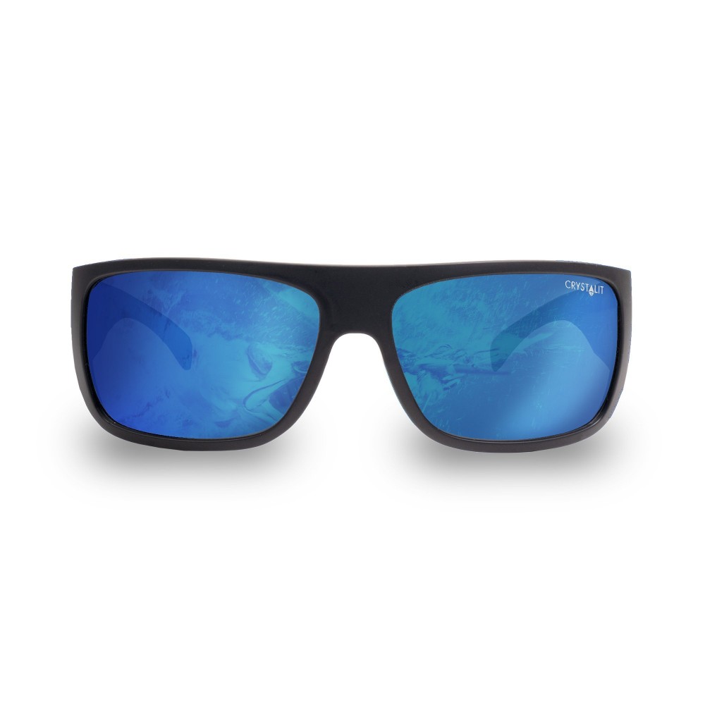 Sport sunglasses with a matte black wraparound frame and blue mirrored lenses, designed for outdoor activities, driving, fishing, and everyday sun protection.