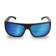 Sport sunglasses with a matte black wraparound frame and blue mirrored lenses, designed for outdoor activities, driving, fishing, and everyday sun protection.