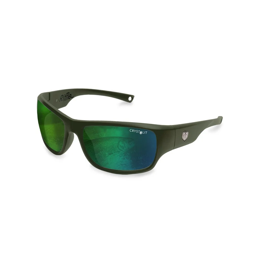 Riffle Sunglasses Matte Bayleaf Frame Green Mirror Lens Stylish sunglasses with a matte bayleaf green frame and green mirrored lenses, offering UV protection and clear vision for outdoor activities and everyday wear.