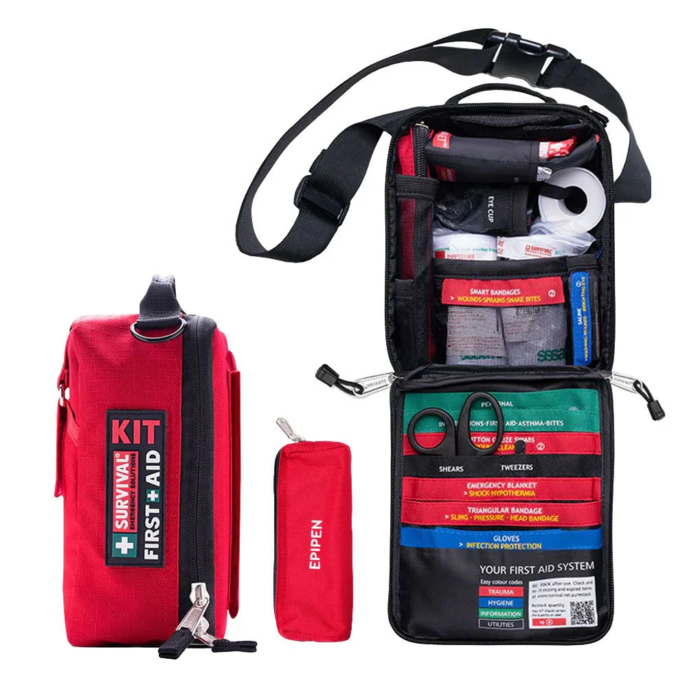 Portable first aid kit with organized medical supplies in a compact red carry case, ideal for travel, camping, hiking, outdoor activities, and emergency preparedness.
