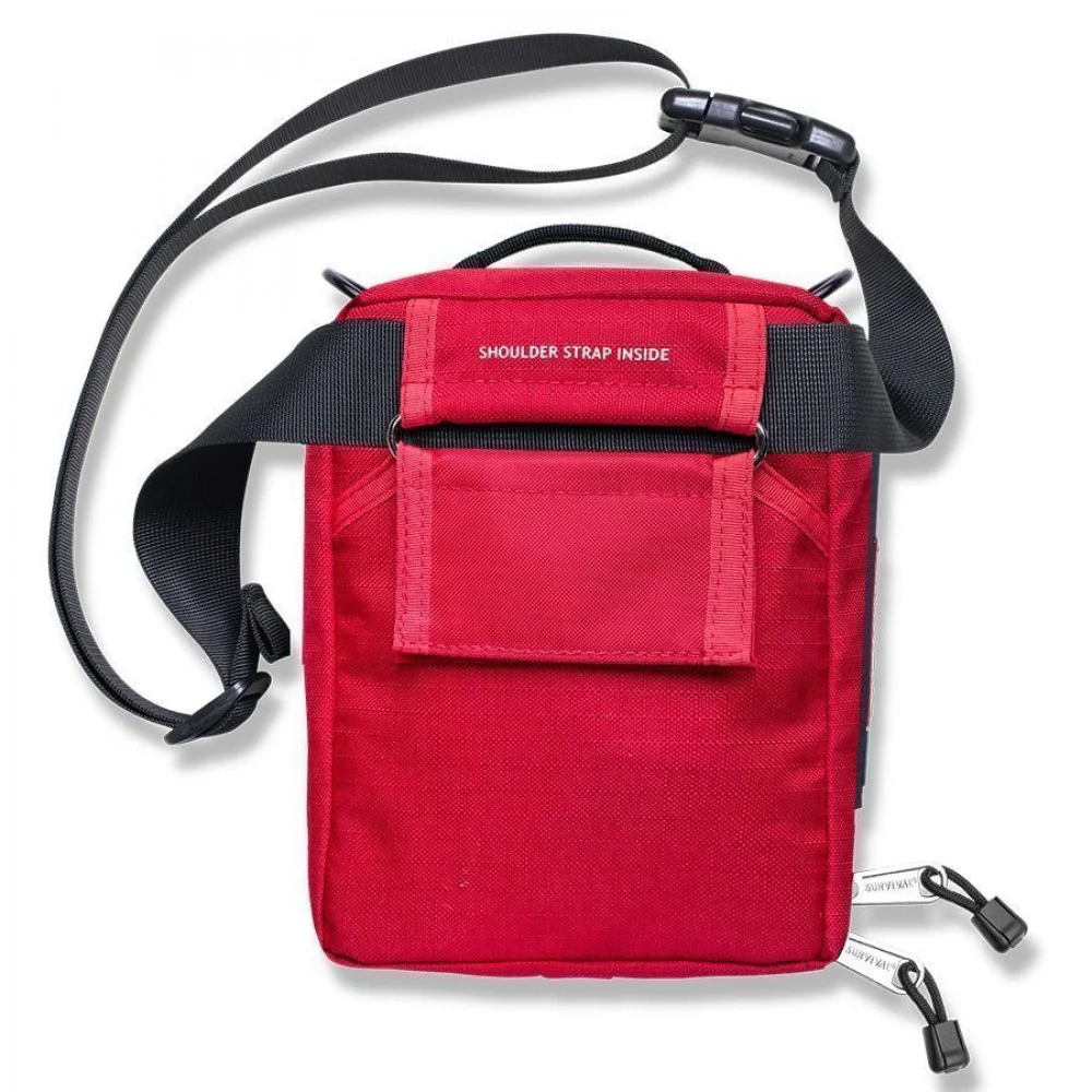 Portable first aid kit with organized medical supplies in a compact red carry case, ideal for travel, camping, hiking, outdoor activities, and emergency preparedness.
