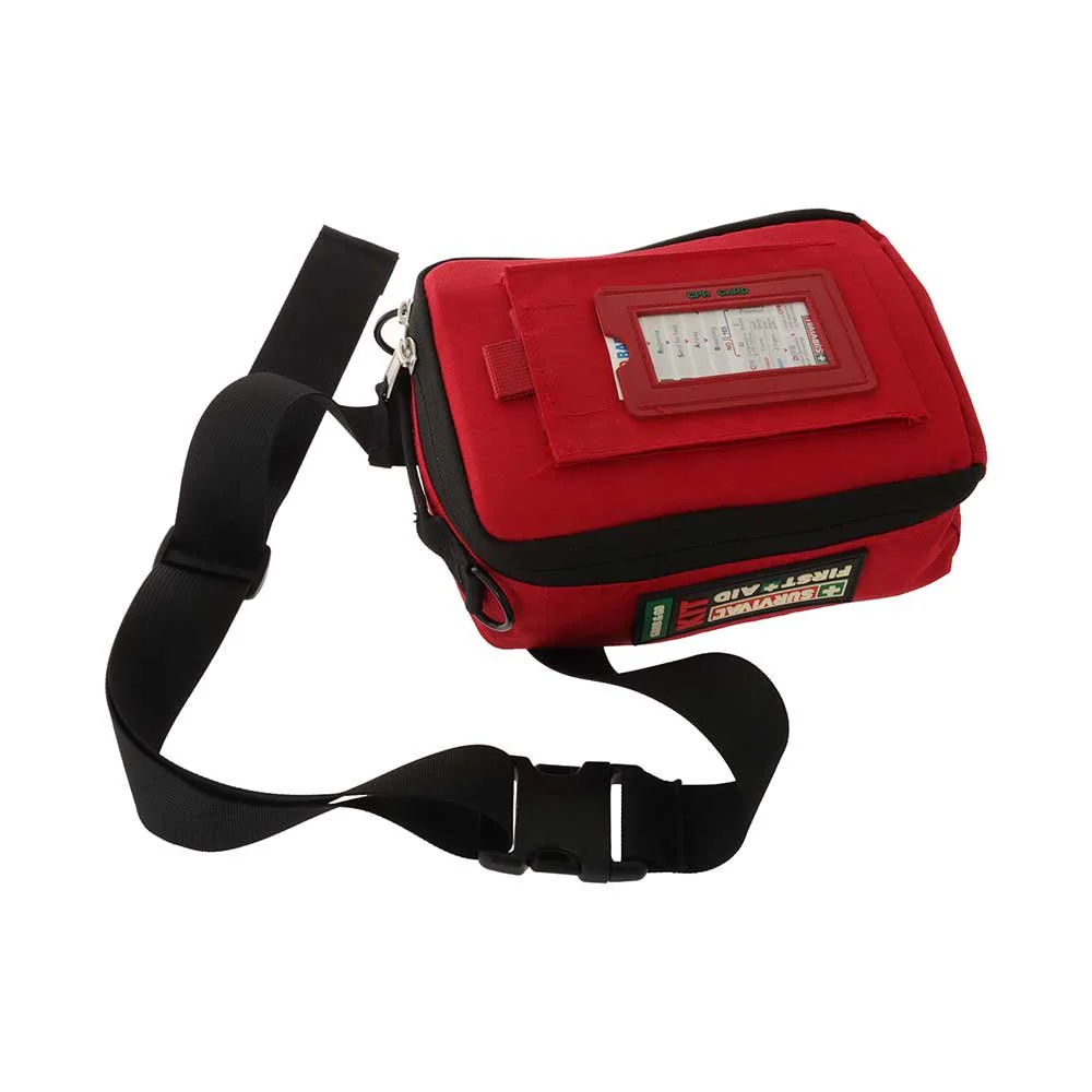 Portable first aid kit with organized medical supplies in a compact red carry case, ideal for travel, camping, hiking, outdoor activities, and emergency preparedness.