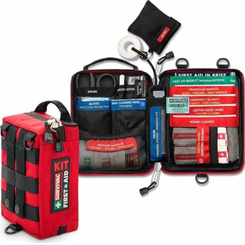 Compact personal first aid kit in a red zippered pouch with organized emergency medical supplies for hiking, camping, travel, outdoor adventures, and everyday preparedness.