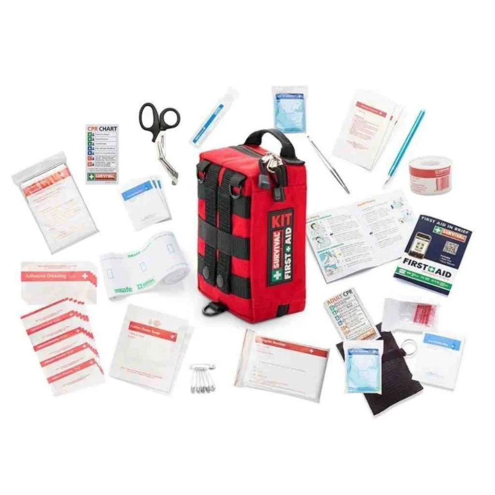 Compact personal first aid kit in a red zippered pouch with organized emergency medical supplies for hiking, camping, travel, outdoor adventures, and everyday preparedness.