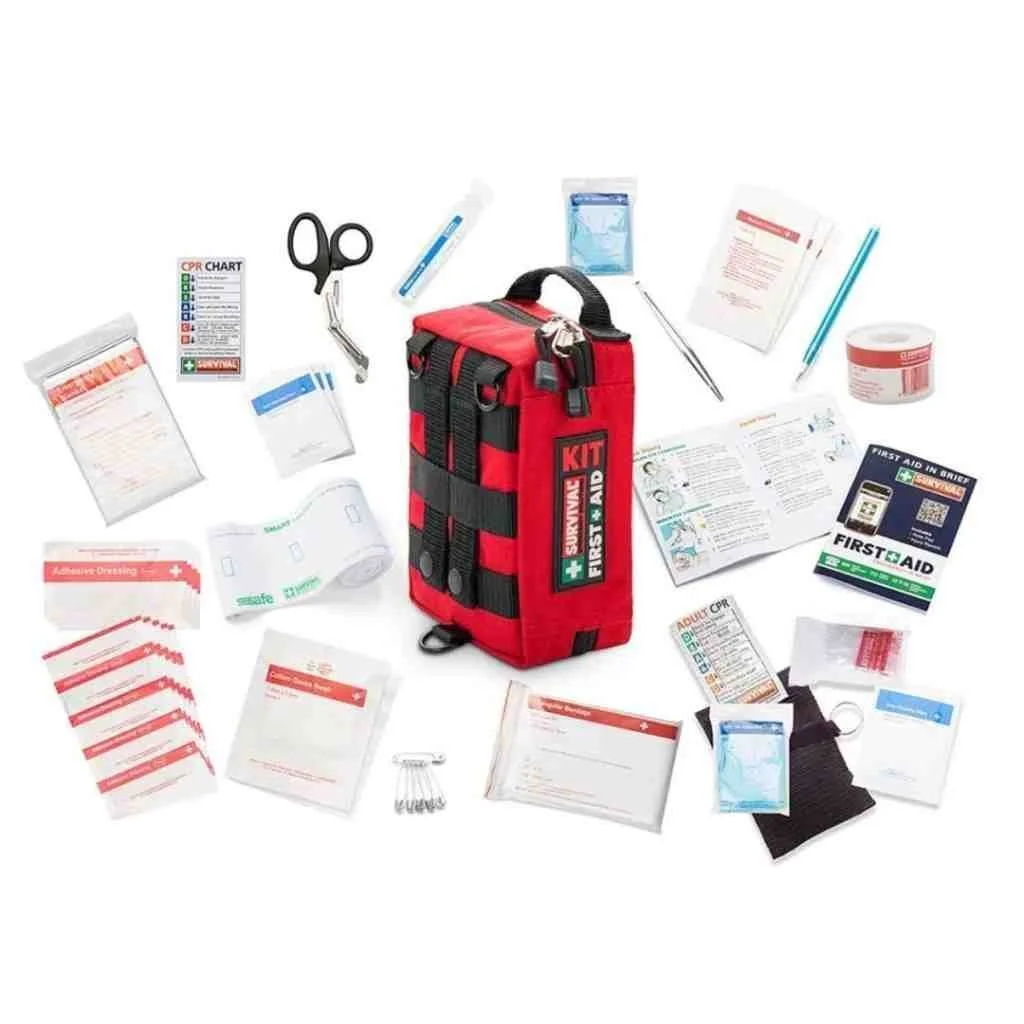 Compact personal first aid kit in a red zippered pouch with organized emergency medical supplies for hiking, camping, travel, outdoor adventures, and everyday preparedness.