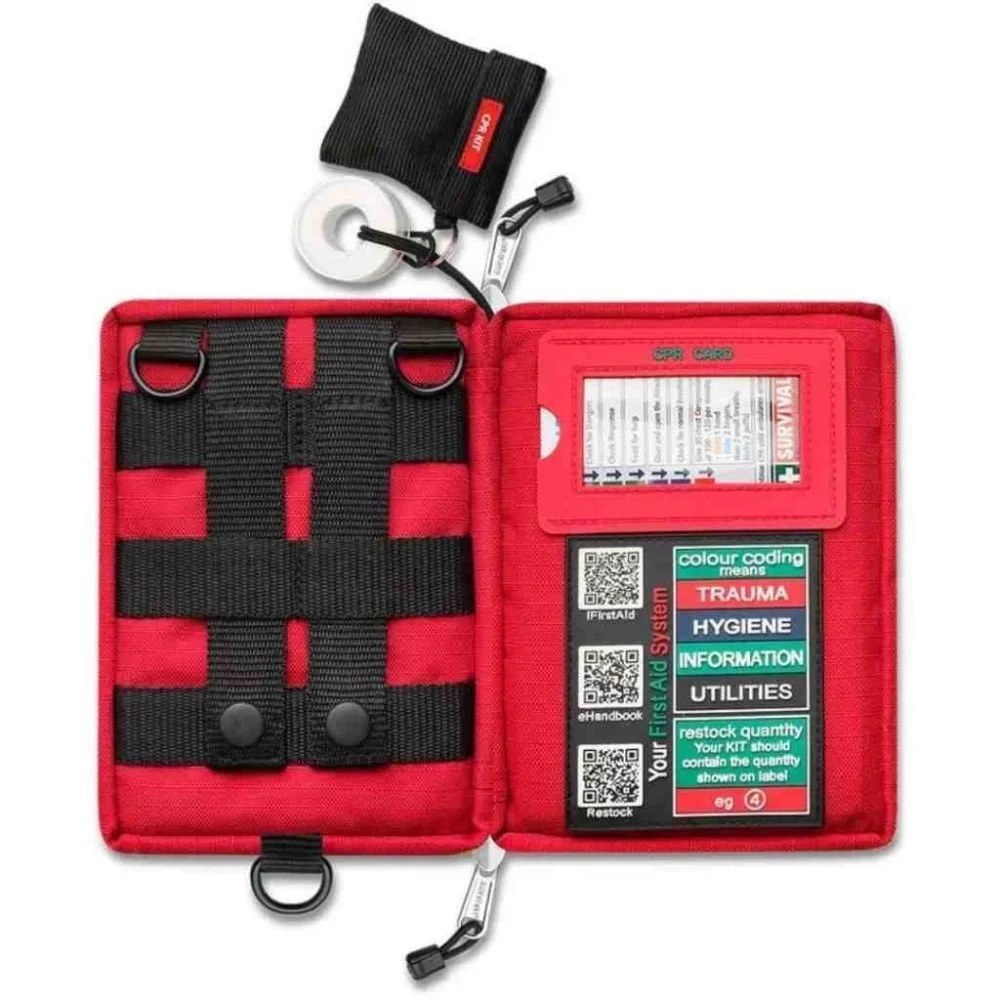 Compact personal first aid kit in a red zippered pouch with organized emergency medical supplies for hiking, camping, travel, outdoor adventures, and everyday preparedness.