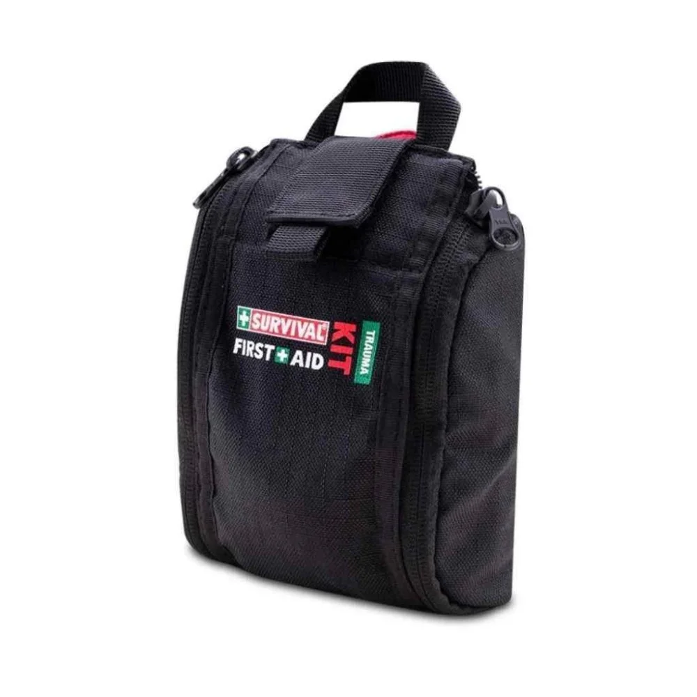 Emergency Trauma First Aid Kit Emergency trauma first aid kit in a compact black pouch with quick-access medical supplies for emergency response, outdoor adventures, travel, and preparedness.