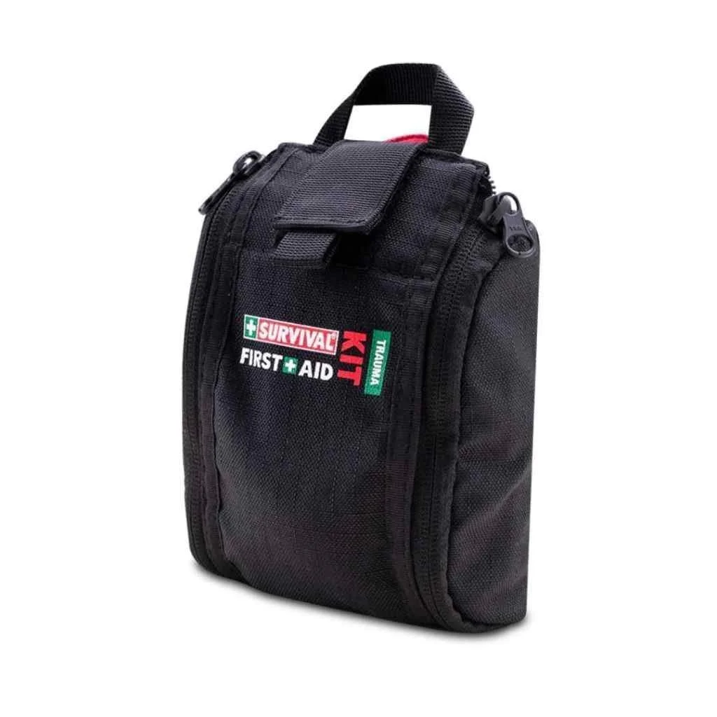 Emergency trauma first aid kit in a compact black pouch with quick-access medical supplies for emergency response, outdoor adventures, travel, and preparedness.