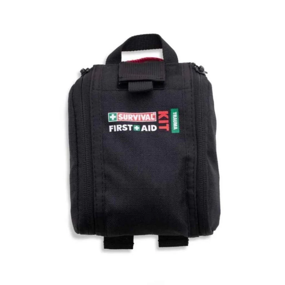 Emergency Trauma First Aid Kit Emergency trauma first aid kit in a compact black pouch with quick-access medical supplies for emergency response, outdoor adventures, travel, and preparedness.