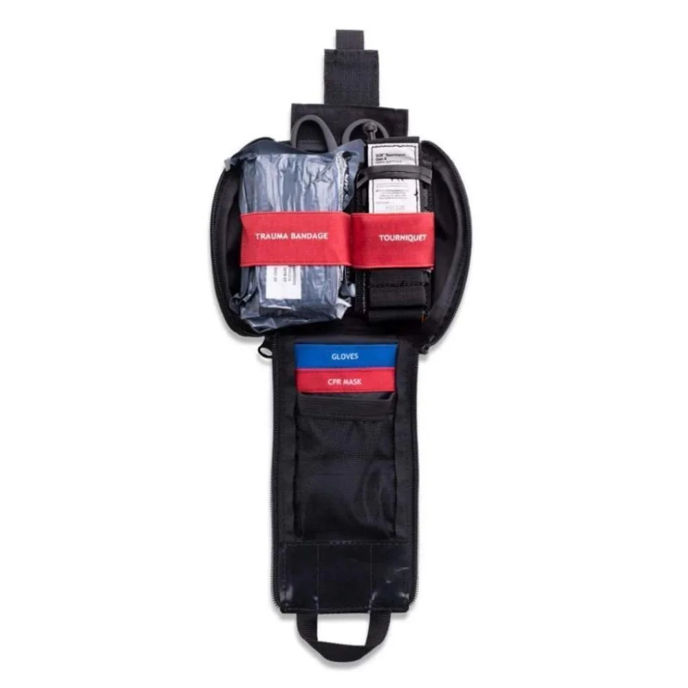 Emergency Trauma First Aid Kit Emergency trauma first aid kit in a compact black pouch with quick-access medical supplies for emergency response, outdoor adventures, travel, and preparedness.