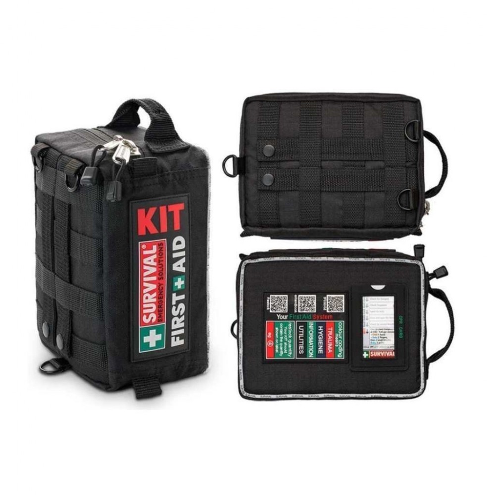 100+ piece vehicle emergency first aid kit in a compact zippered case with organized medical supplies for roadside emergencies, travel, camping, and outdoor safety.