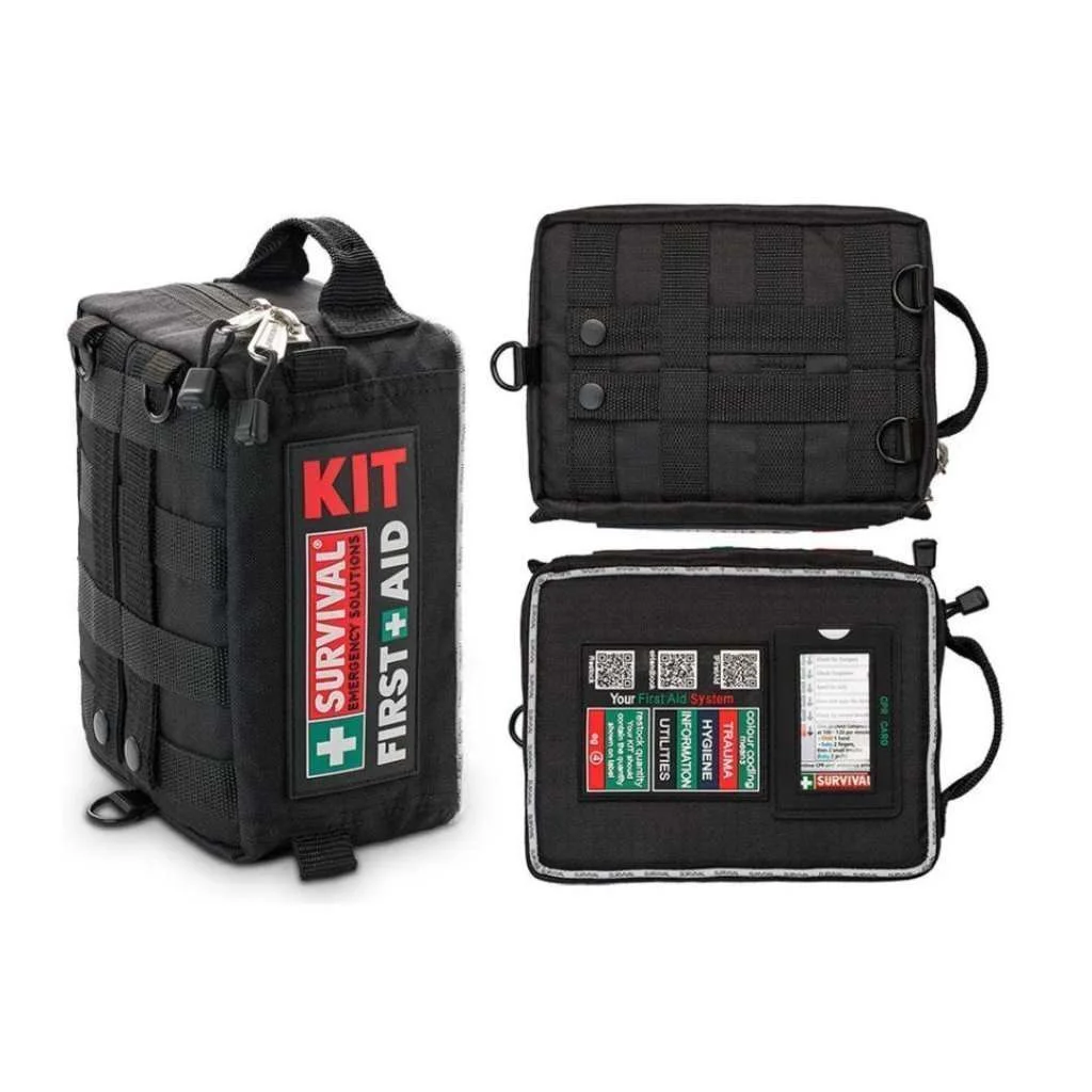 100+ piece vehicle emergency first aid kit in a compact zippered case with organized medical supplies for roadside emergencies, travel, camping, and outdoor safety.