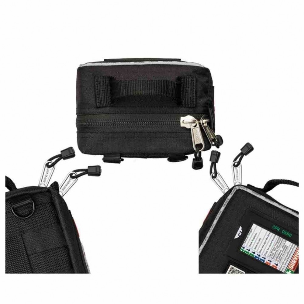 100+ piece vehicle emergency first aid kit in a compact zippered case with organized medical supplies for roadside emergencies, travel, camping, and outdoor safety.