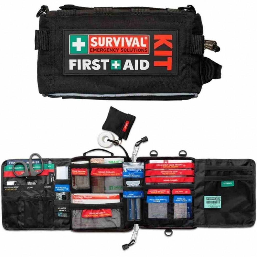 100+ piece vehicle emergency first aid kit in a compact zippered case with organized medical supplies for roadside emergencies, travel, camping, and outdoor safety.