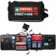 100+ piece vehicle emergency first aid kit in a compact zippered case with organized medical supplies for roadside emergencies, travel, camping, and outdoor safety.